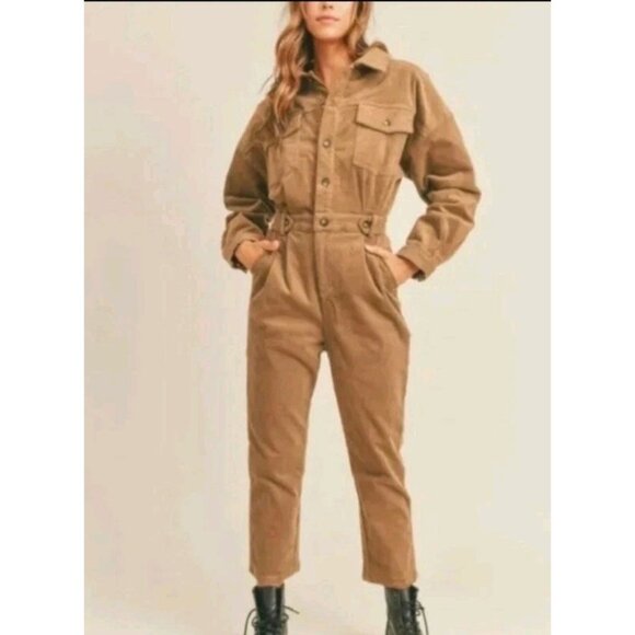 12th Tribe Style For The Global Soul Brown Cordoroy Jumpsuit Size S/M Dolman Slv - Picture 1 of 12